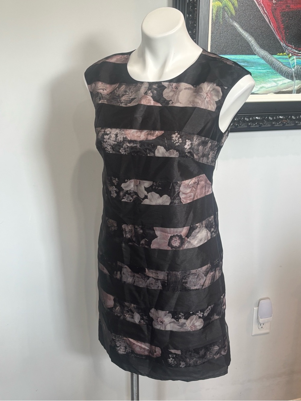 Vince Camuto Black Dress with Pink Floral Stripe Detail